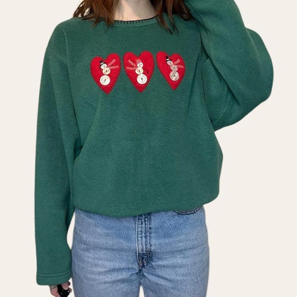 Vintage Fleece Pullover Christmas Snowman Button Embroidered Sweatshirt Crewneck - Picture 1 of 8